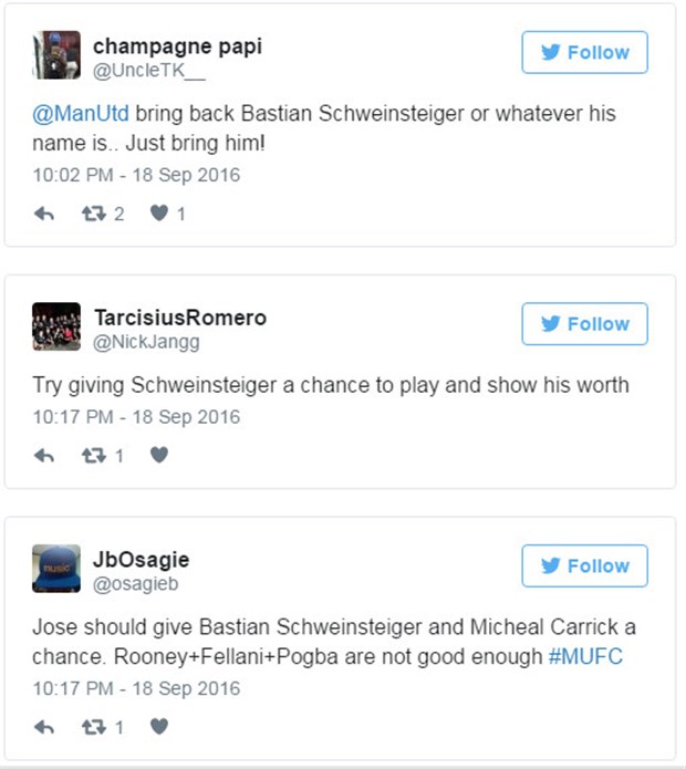 Các CĐV Man Utd mới đây đã phát động chiến dịch kêu gọi Mourinho cho Schweinsteiger ra sân thay Pogba hay Rooney. Ảnh: Internet.