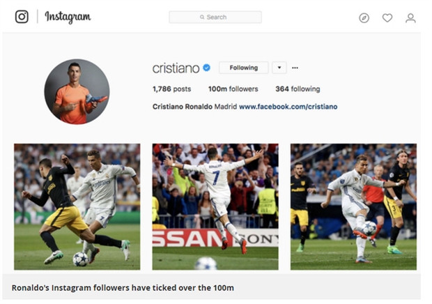 CR7 lại tiếp tục đón thêm tin vui khi trang Instagram cá nhân cán mốc 100 triệu lượt theo dõi.