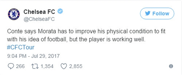 HLV Conte cho rằng Morata vẫn còn rất nhiều mặt hạn chế, và cầu thủ này cần có thời gian để thích nghi.