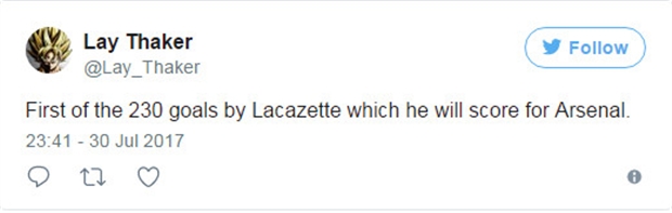 Một dự đoán cho rằng Lacazette sẽ ghi tới 230 bàn cho Arsenal.