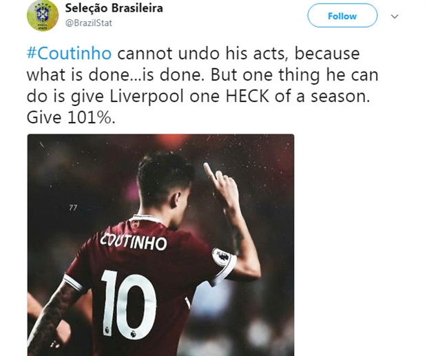 Đã xuất hiện những lời kêu gọi sự tha thứ từ phía các CĐV của Liverpool dành cho Coutinho