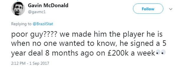 Không nhiều CĐV của Liverpool cảm thấy tội nghiệp cho Coutinho, vì nếu không có Liverpool thì sự nghiệp của Coutinho đã bị hủy hoại tại Inter.