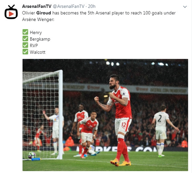 Giroud là một trong 5 cầu thủ đã từng ghi 100 bàn cho Arsenal dưới thời Wenger.