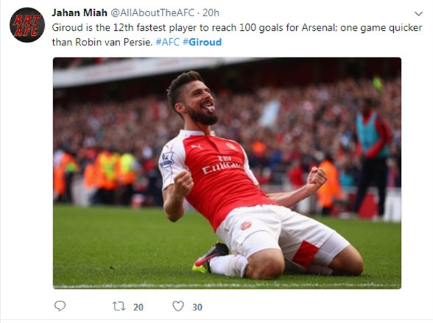 Giroud là cầu thủ cáng mốc 100 bàn nhanh nhất của Arsenal.