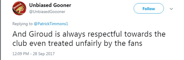 Dù bị các CĐV coi thường, nhưng Giroud luôn dành sự tôn trọng cho Arsenal.