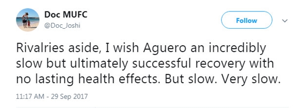 Một lời chúc rất có 'tâm' của fan Man Utd: "Bỏ qua sự thù địch, tôi hy vọng Aguero sẽ hồi phục sức khỏe và không bị ảnh hưởng nào hết. Tuy nhiên làm ơn chậm, chậm thôi."
