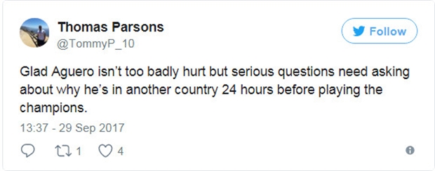 Thật mừng khi Aguero không gặp chấn thương quá nặng, nhưng câu hỏi nghiêm túc là tại sao anh ấy lại ra nước ngoài ngay trước thềm trận đại chiến.