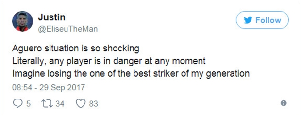 Tai nạn của Aguero đã khiến nhiều fan thót tim.