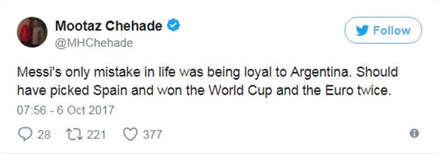 Messi có lẽ đã sai lầm khi quyết cống hiến cho tuyển Argentina. Nếu trước đây anh chọn tuyển Tây Ban Nha thì có lẽ anh đã có thể vô địch World Cup và EURO.