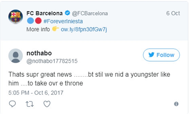 Tuy nhiên Barcelona vẫn phải sớm tìm ra những cầu thủ trẻ giống Iniesta, để thay thế anh trong tương lai.