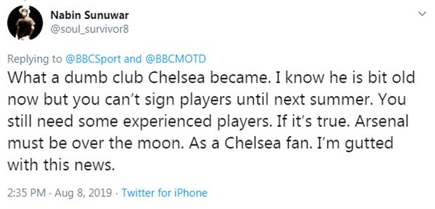 Chelsea đúng là ngày càng ngu ngốc. Tôi biết anh ta có thể hơi lớn tuổi, nhưng khi bạn chẳng thể mua ai cho đến mùa hè năm sau thì bạn vẫn cần một cầu thủ có kinh nghiệm. Là một CĐV của Chelsea, tôi thấy thật kinh tởm khi biết tin này.