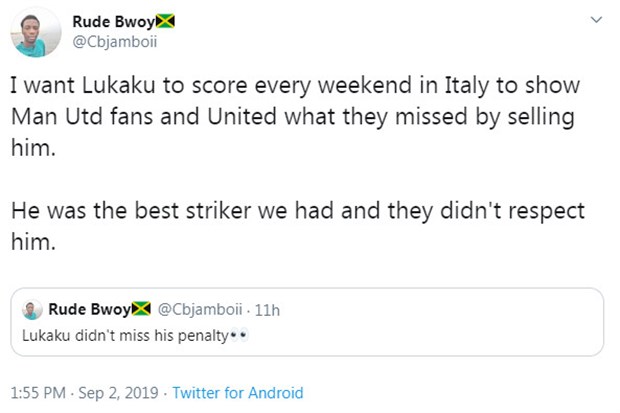 "Tôi hy vọng Lukaku sẽ tiếp tục ghi bàn mỗi tuần để cho CĐV Man Utd thấy họ đã mất điều gì. Anh ấy là một tiền đạo giỏi, và họ đã không tôn trọng anh ấy."