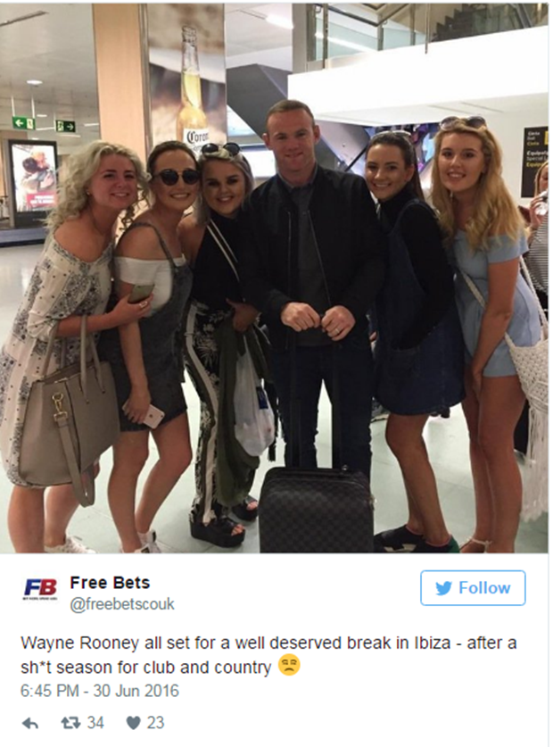 Trên Twitter có 1 số CĐV phản ứng hơi thái quá về chuyến đi nghỉ của Rooney. Cho dù Rooney và đồng đội vừa trải qua một chiến dịch thất bại thì đi nghỉ mát cũng là quyền tự do của cá nhân anh.