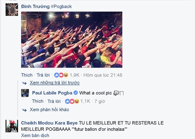 Sau chiến thắng tưng bừng của MU trước đương kim vô địch Leicester, một cổ động viên tại Việt Nam đã đăng lên facebook cá nhân của Paul Pogba tấm hình màn ăn mừng "DAB" được thực hiện trong một buổi offline fan MU. Trong phần trả lời, tiền vệ người Pháp đã đích thân dành lời khen ngợi cho món quà ý nghĩa này. Ảnh: Internet.