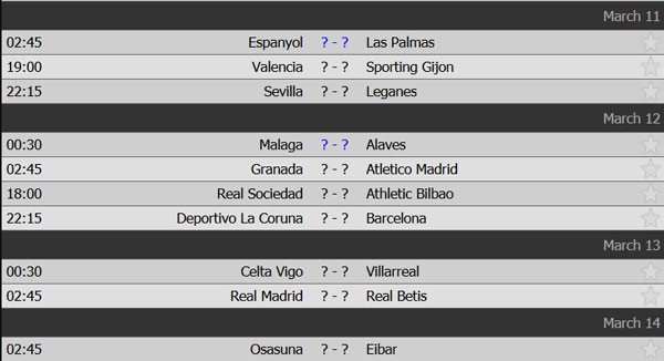 Lịch thi đấu vòng 27 La Liga diễn ra cuối tuần này. Ảnh: Livescore.
