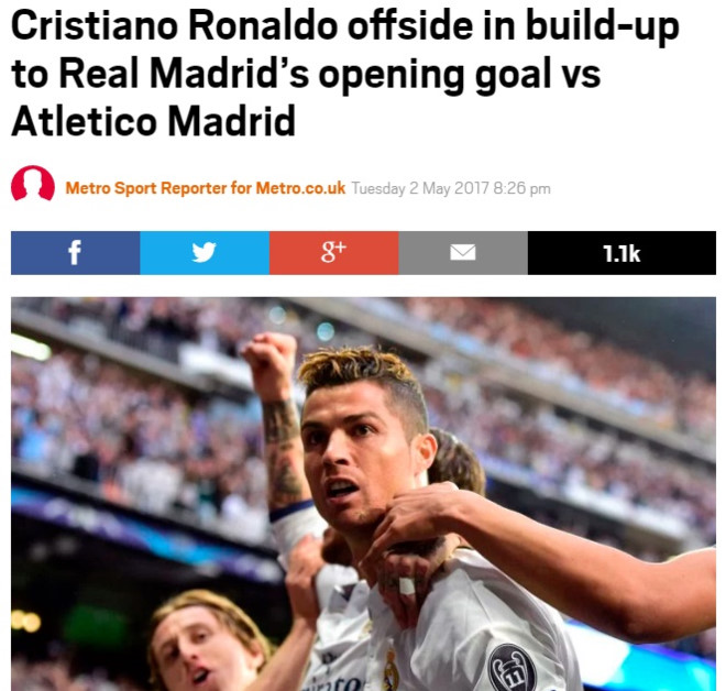 Bài báo trên Metro khẳng định Ronaldo việt vị.