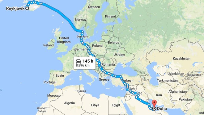 Khoảng cách giữa Reykjavik (Iceland) và Doha (Qatar).
