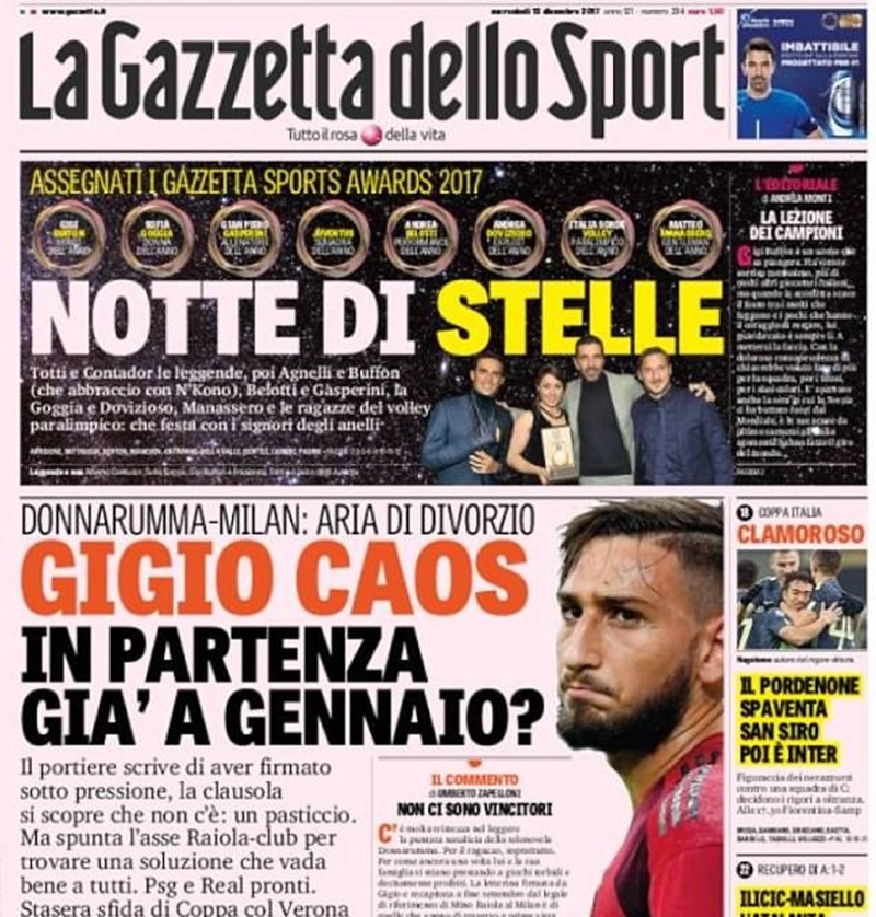Từ Italy, tờ báo thể thao uy tín Gazzetta dello Sport tiết lộ người đại diện Mino Raiola đòi AC Milan hủy bỏ bản gia hạn hợp đồng mới ký. Hè vừa qua, Mino Raiola “đại náo” Milan với hàng loạt yêu sách như tăng lương, đặt điều khoản phá vỡ hợp đồng thấp (65 triệu euro), cho phép được ra đi nếu Milan không thể tham dự Champions League mùa tới, thậm chí là tạo công ăn việc làm cho anh trai Antonio. Đội bóng áo màu đỏ-đen sau đó phải "nuôi báo cô" Antonio với mức lương 1 triệu euro mỗi mùa, đồng thời trả cho Donnarumma 6 triệu euro/năm.