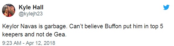 Tài khoản Kyle Hall không thể tin được rằng Buffon chọn Navas nằm trong top 5 thủ môn hay nhất thế giới và chẳng hề có tên De Gea.