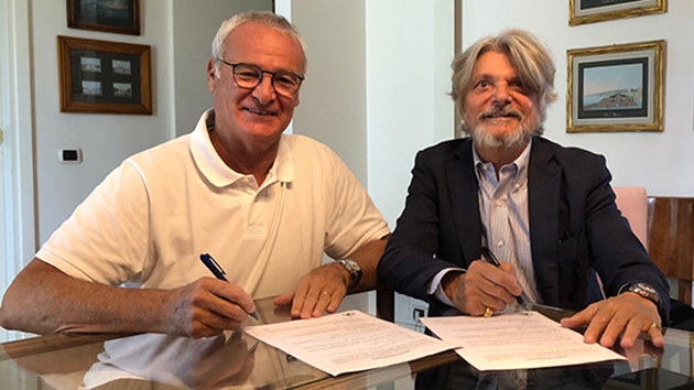 HLV Claudio Ranieri và Chủ tịch Massimo Ferrero trong buổi lễ kí hợp đồng tại Sampdoria.