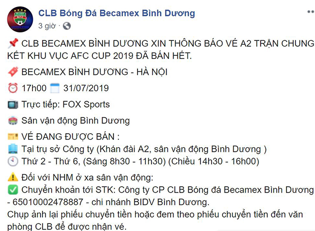 Thông báo bán hết vé khán đài A2 từ BTC.