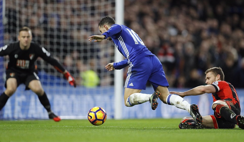 Hazard bị phạm lỗi trong vòng cấm ở đầu hiệp hai. Ảnh: Daily Mail.