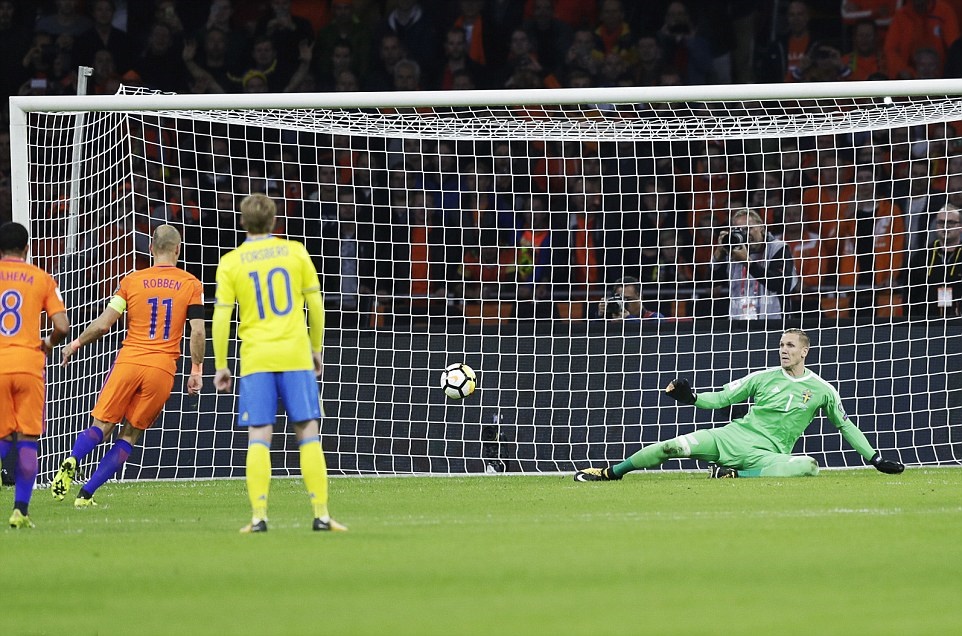 Robben nhẹ nhàng đánh bại Olsen trên chấm 11m.