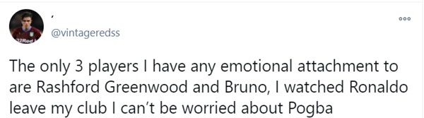 "Chỉ có 3 cầu thủ mà tôi muốn gắn bó là Rashford, Greenwood và Bruno. Tôi từng chứng kiến Ronaldo rời CLB và tôi chẳng mấy phiền lòng vì trường hợp của Pogba."