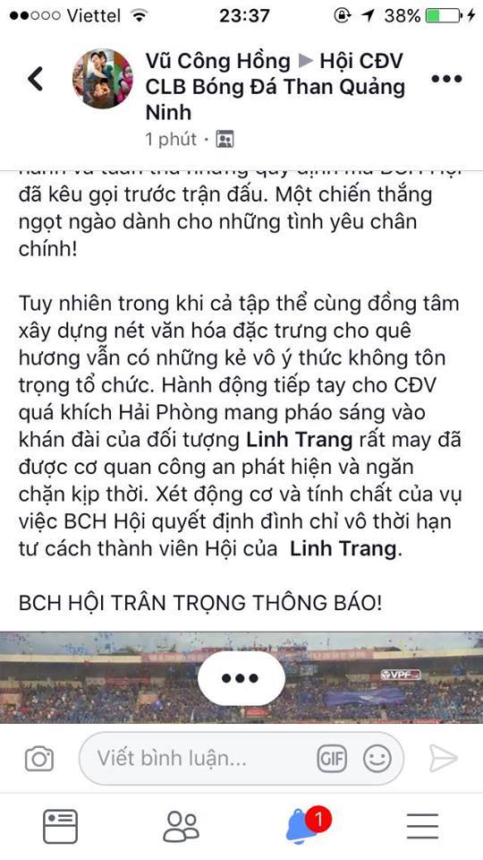 Dòng trạng thái tố giác CĐV Than Quảng Ninh giúp mang pháo sáng vào sân.