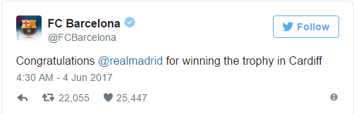 Lời chúc mừng của Barca gửi đến Real.