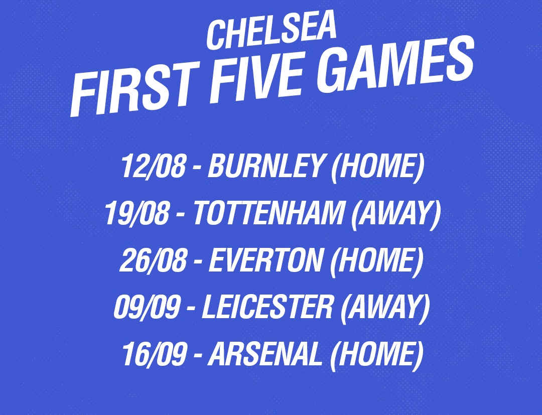Lịch thi đấu 5 vòng đầu tiên của Chelsea.