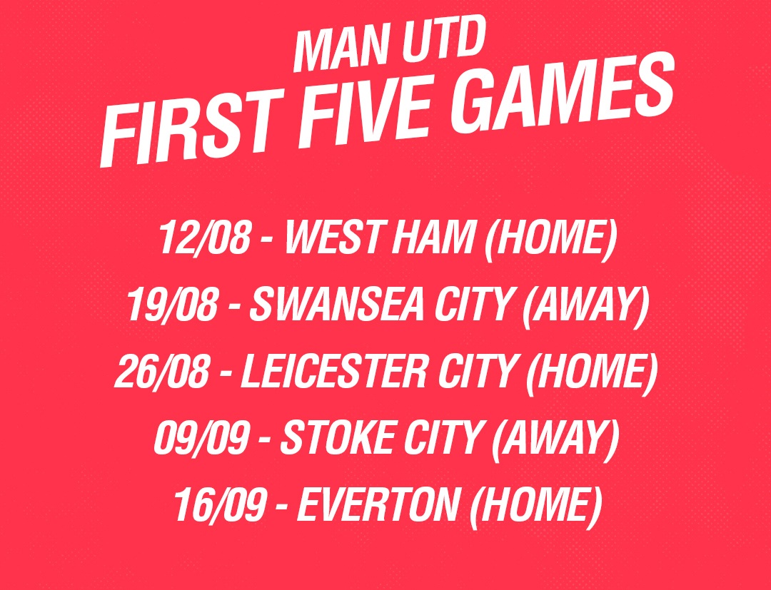 Lịch thi đấu 5 vòng đầu tiên của Man United.