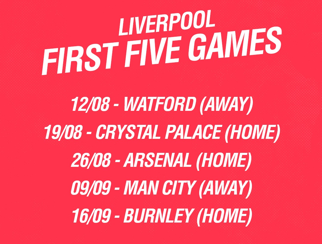 Lịch thi đấu 5 vòng đầu tiên của Liverpool.