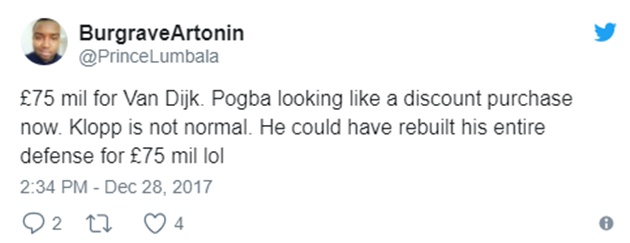75 triệu bảng cho Van Dijk. Giá của Pogba giờ nhìn lại vẫn tốt chán. Klopp thật không bình thường. Ông ấy có thể gầy dựng lại cả hàng thủ với con số 75 triệu bảng đó.