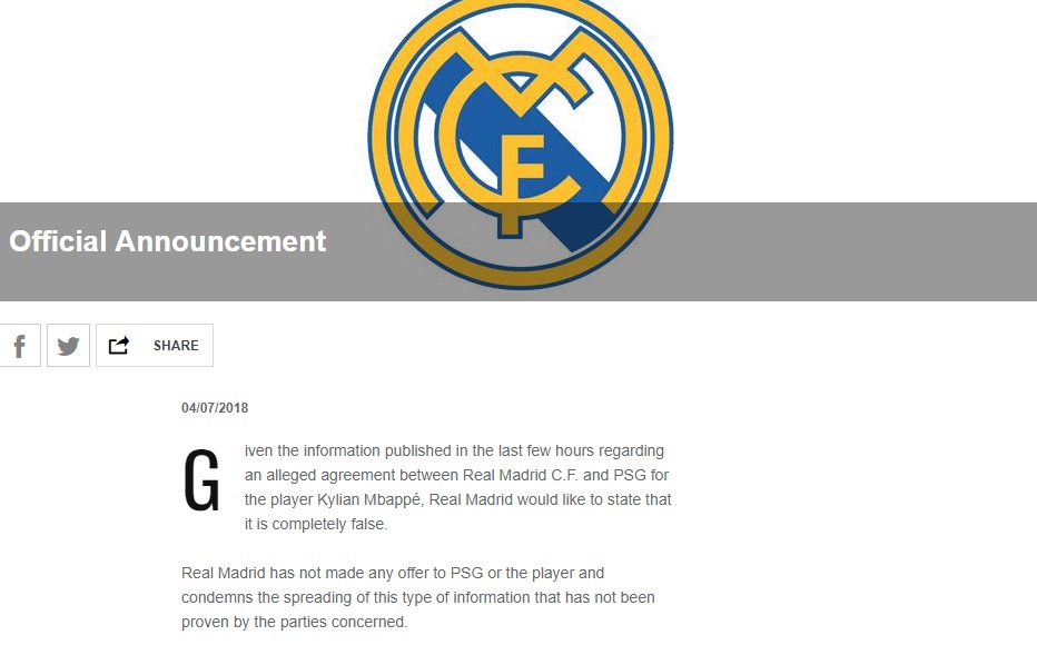 Thông báo chính thức từ trang chủ Real Madrid.