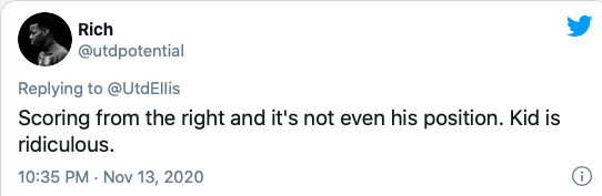 Ghi bàn từ cánh phải, không phải ở vị trí sở trường. Cầu thủ trẻ này thật điên rồ.