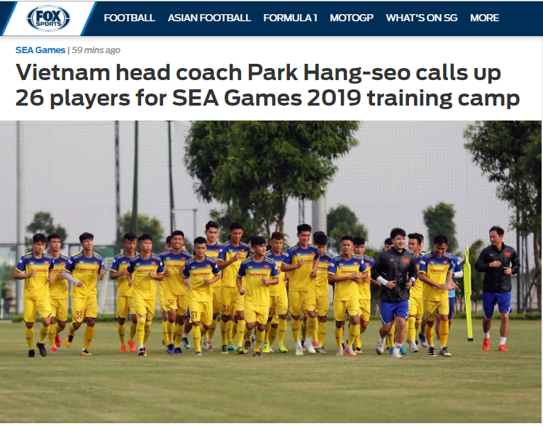 Trang Fox Sports Asia đưa tin về đợt tập trung thứ 2 của U23 Việt Nam chuẩn bị cho SEA Games 30.