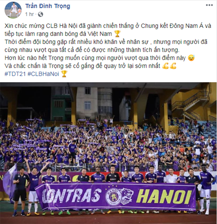 Đình Trọng gửi thông điệp đến CLB Hà Nội sau khi giành vé đi tiếp tại AFC Cup - Bóng Đá
