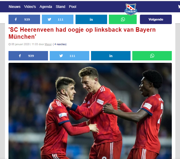 Trang Fean Online dẫn thông tin về việc SC Heerenveen đang muốn tậu hậu vệ trái của Bayern Munich.