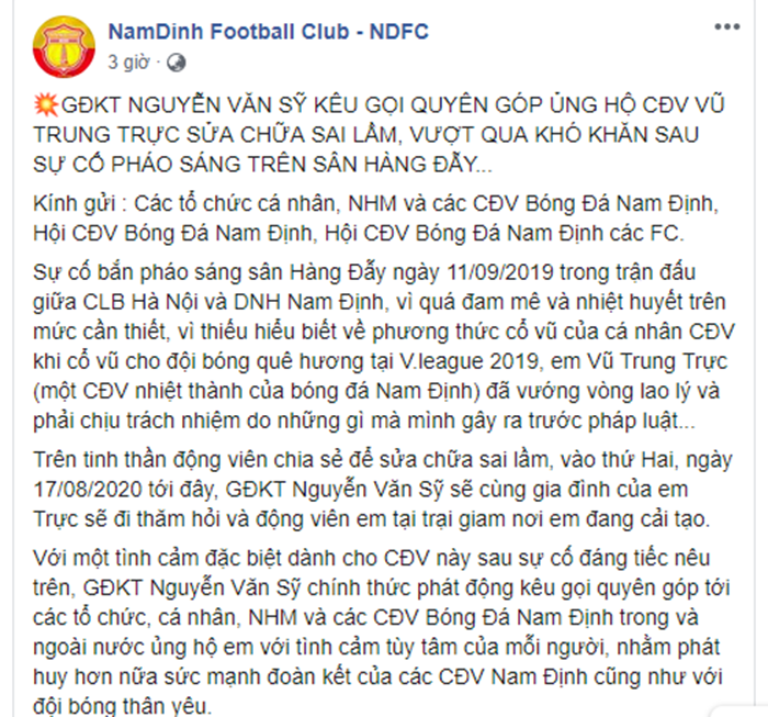 CĐV Nam Định phản đối việc CLB kêu gọi “ủng hộ” thủ phạm đốt pháo sáng - Bóng Đá