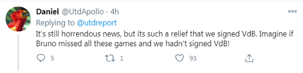 "Đó là một tin sét đánh, nhưng dẫu sao chúng ta vẫn còn tân binh Van de Beek. Hãy thử tưởng tượng Bruno vắng mặt ở những trận đấu sắp tới và chúng ta không có Van de Beek."