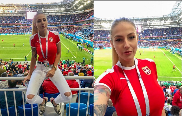 5. Jana Markovic: Các cô gái Serbia cũng không hề kém cạnh trong cuộc đọ sắc tại khán đài World Cup 2018. Mỹ nhân này là Jana Markovic, cô đến Nga để cổ vũ cho đội tuyển Serbia trong trận gặp Thụy Sỹ. Sở hữu ngoại hình bốc lửa, ba vòng chuẩn nên chỉ cần diện áo phông, quần jeans và sneakers cũng đủ để Jana thu hút mọi ánh nhìn. Khoác lên mình màu áo đỏ giống các cầu thủ Serbia, cô nàng lại càng khiến dân mạng không rời mắt vì độ sexy khó cưỡng.
