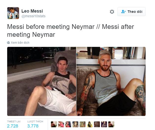 Messi trước và sau khi gặp Neymar. Ảnh: Internet
