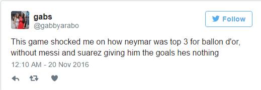 Trận đấu này khiến tôi ngạc nhiên khi Neymar lọt vào top 3 cho danh hiệu Quả bóng Vàng, không có Messi và Suarez trao cơ hội ghi bàn, cậu ta chẳng là gì cả. Ảnh chụp màn hình