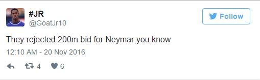 Họ từ chối lời hỏi mua có giá 200 triệu cho Neymar cơ đấy. Ảnh chụp màn hình