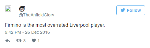 Firmino là cậu thủ được đánh giá quá cao nhất tại Liverpool. Ảnh chụp màn hình