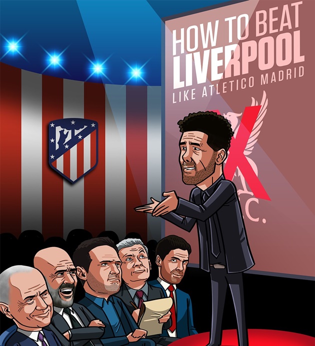 HLV Diego Simeone của Atletico Madrid thuyết giảng cách đánh bại Liverpool cho các đồng nghiệp.