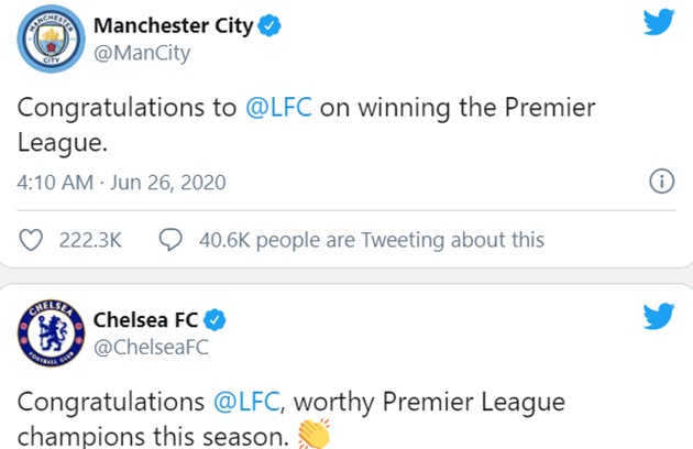 Premier League clubs send title congratulations to Liverpool but rivals stay silent - Bóng Đá