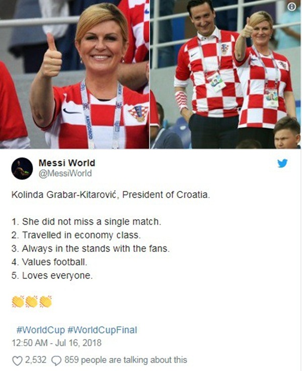 Nữ tổng thống Croatia đốn tim hàng triệu fan trên thế giới - Bóng Đá