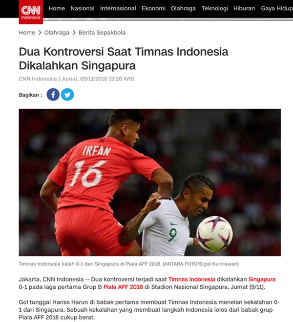 Trang CNN Indonesia đưa tin về những quyết định của trọng tài Nguyễn Hiền Triết trong trận đấu Indonesia thua Singapore.
